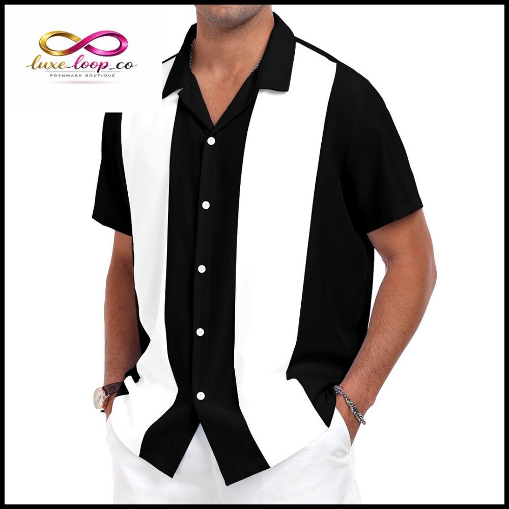 Vintage Bowling Shirt Short Sleeve Button Down Retro Cuban Collar Summer Casual - Picture 1 of 7
